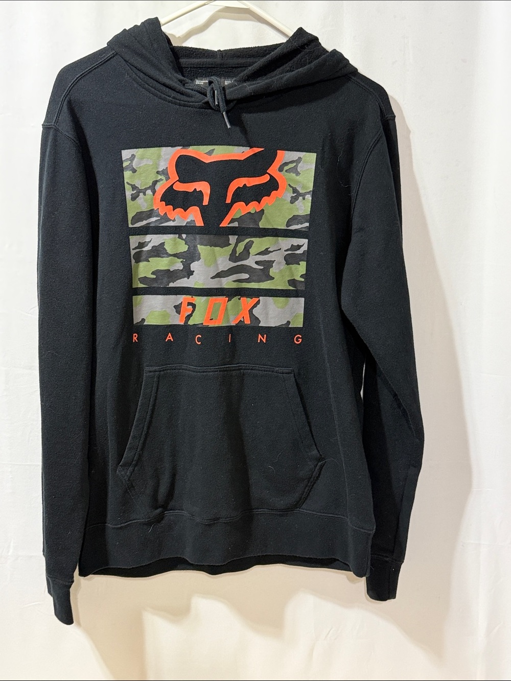 Fox Men’s Black Hoodie with Camo Panels and Orange Logo